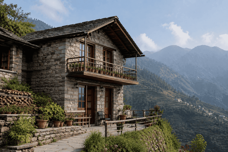 A stone-and-slate homestay on a Himalayan terrace, potted plants along its balcony.